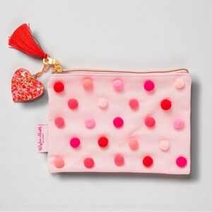 Valentine's Pink Polka Dot Pom Pom Pouch NWT / SEALED